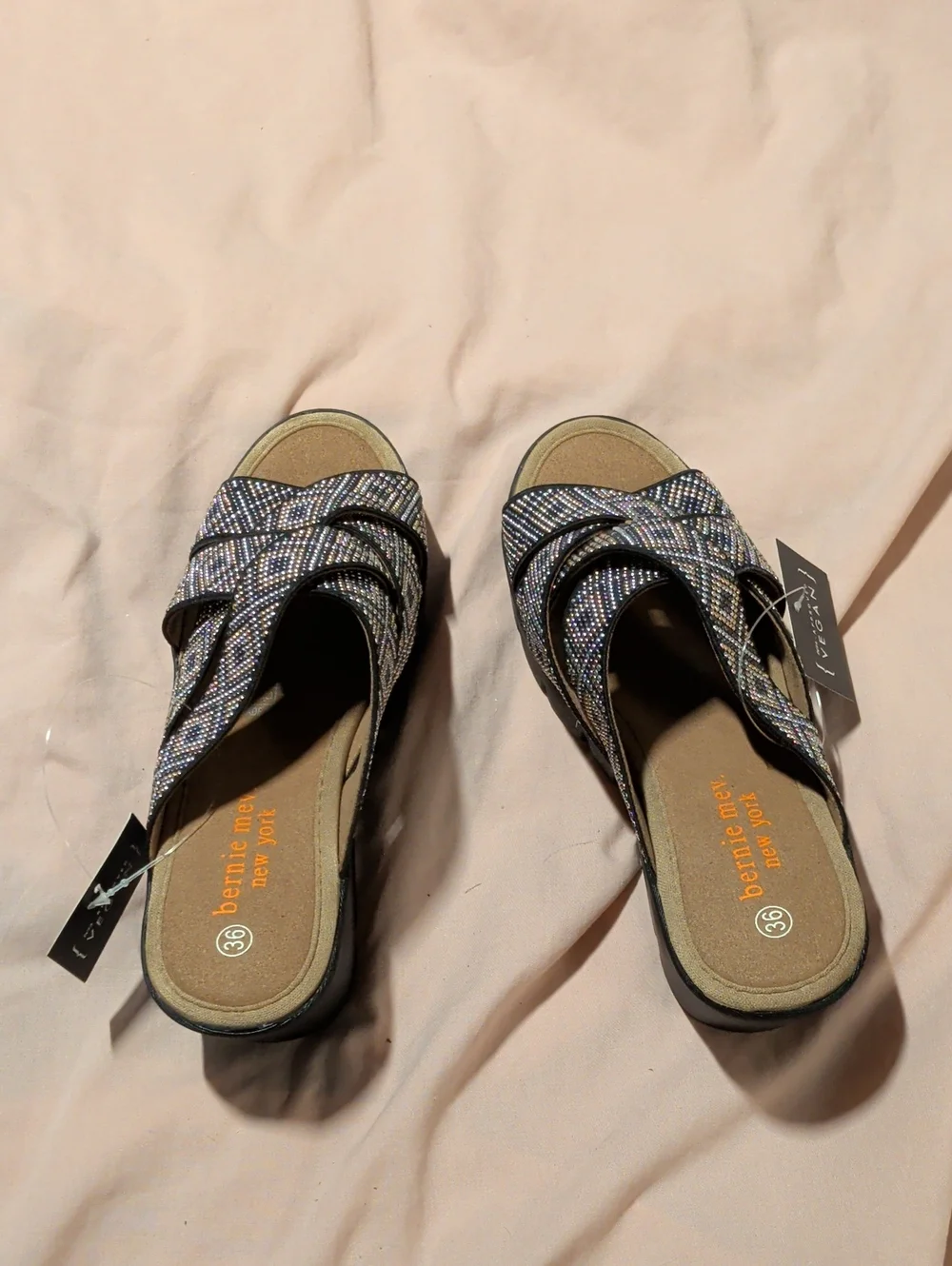 bernie mev. Black Iridescent Crisscross Slide Wedges